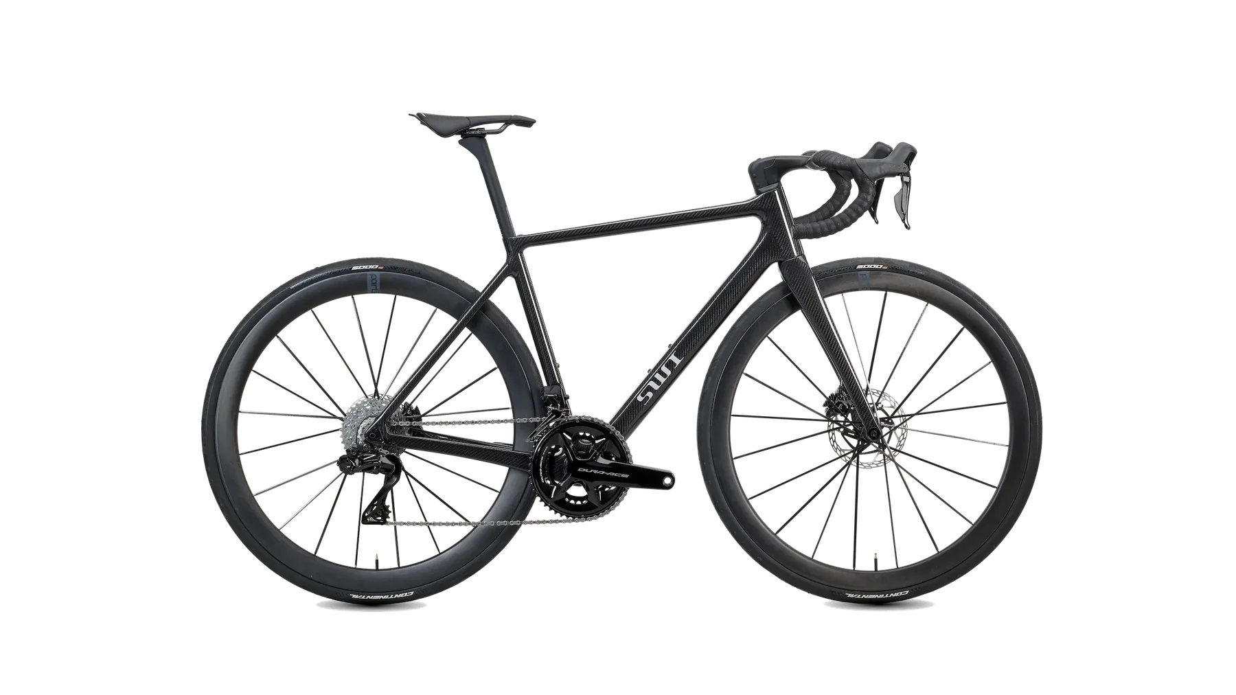 SWI Aequus in Raw Gloss with 3K Herringbone carbon, complete-bike display; groupset and wheels not included with frameset