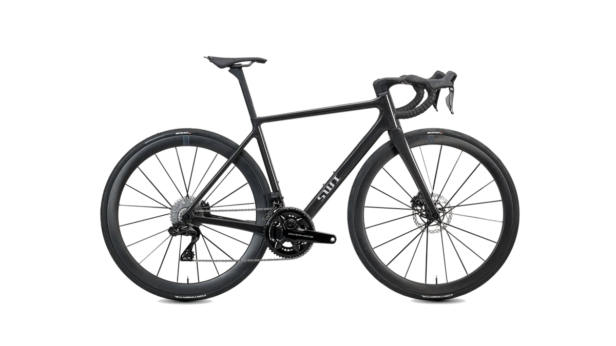 SWI Aequus in Raw Gloss with 3K Herringbone carbon, complete-bike display; groupset and wheels not included with frameset