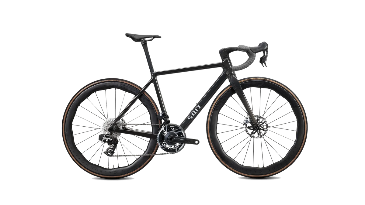 SWI Aequus Leve in Raw Gloss with TPT unidirectional carbon, complete-bike display; groupset and wheels not included with frameset