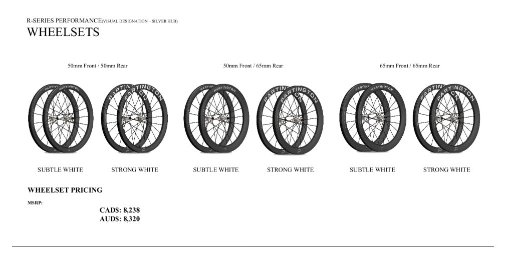 Partington R-Series Performance carbon road wheelsets in 50/50, 50/65 and 65/65 mm depths with white decal options