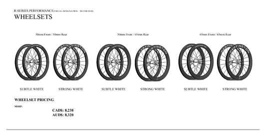 Partington R-Series Performance carbon road wheelsets in 50/50, 50/65 and 65/65 mm depths with white decal options