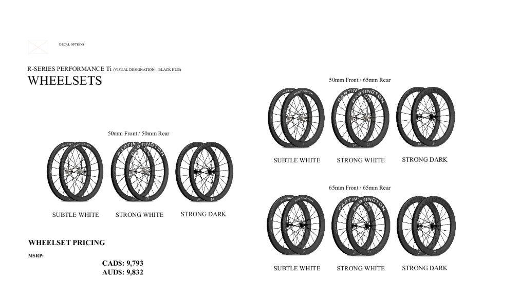 Partington R-Series Performance Ti carbon road wheelsets in 50/50, 50/65 and 65/65 mm depths with white and dark decal options