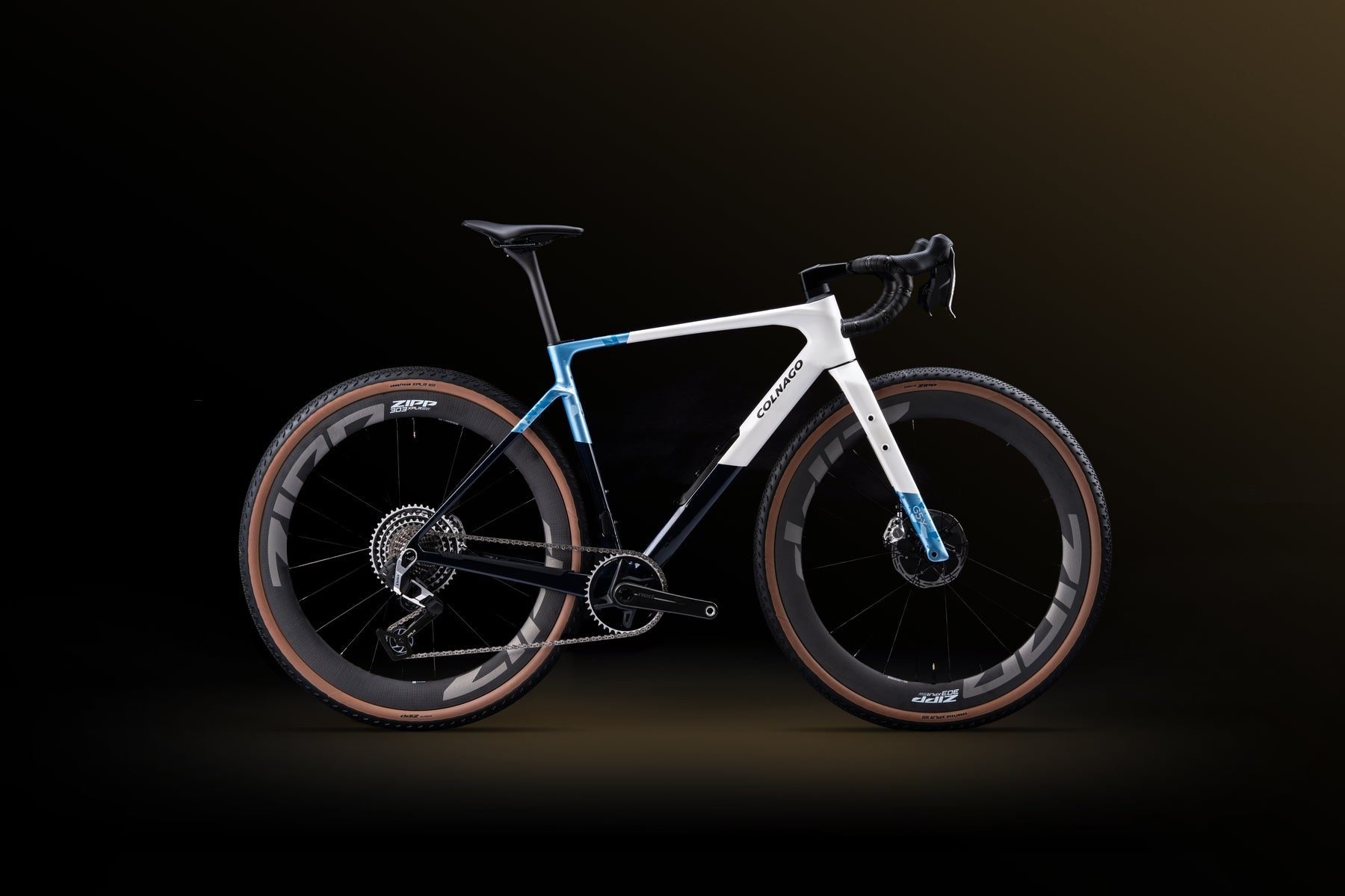 Colnago G5-X G502 Carbon Blue and White complete gravel bike with SRAM RED XPLR and Zipp 303 XPLR SW wheels